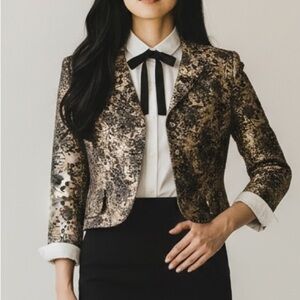 Vintage Evan Picone Black Cream Jacquard Floral Evening Jacket Blazer Classic